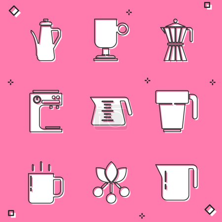 Set Teekanne, irischer Kaffee, Kaffee-Mokka, Maschine, Tasse und Bohne, Zweig-Symbol. Vektor
