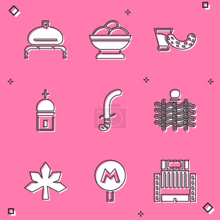 Set Bread and salt, Varenyky in bowl, Glass with vodka, Church tower, Medieval sword, Wicker fence, Chestnut leaf and Metro Underground icon. Vector