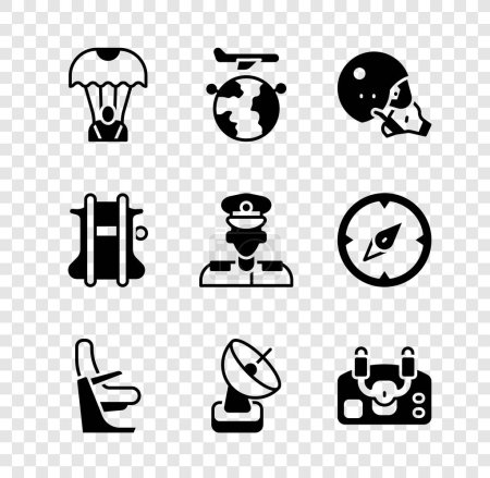 Set Parachute, Globe with flying plane, Modern pilot helmet, Airplane seat, Radar, Aircraft steering,  and Pilot icon. Vector