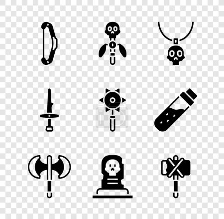 Set arco medieval, bastón mágico, amuleto collar, hacha de poste, tumba con lápida, daga y encadenado icono de la bola de maza. Vector