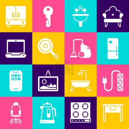 Set Furniture nightstand, Electric extension, Refrigerator, Washbasin, Frying pan, Laptop, Wardrobe and Vacuum cleaner icon. Vector