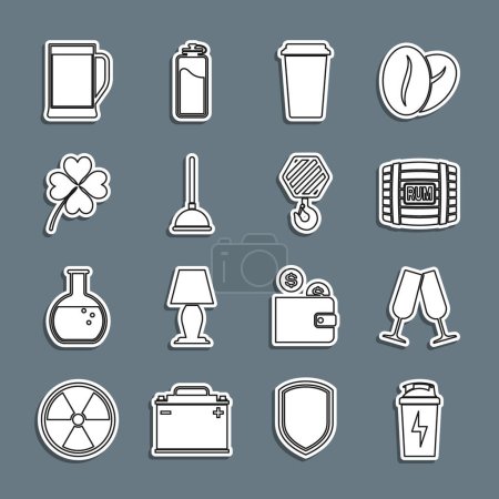 Illustration for Set line Fitness shaker, Glasses of champagne, Wooden barrel with rum, Coffee cup, Rubber plunger, Four leaf clover, beer and Industrial hook icon. Vector - Royalty Free Image