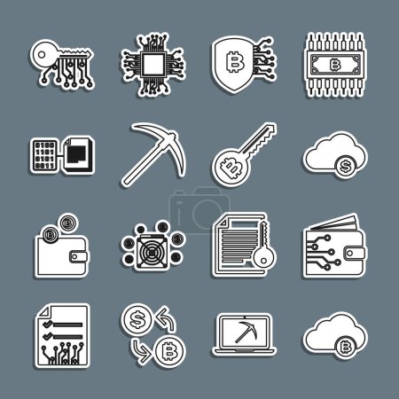 Set line Kryptowährung Cloud Mining, Brieftasche, Schild mit Bitcoin, Spitzhacke, Smart Kontrakt, Schlüssel und Symbol. Vektor