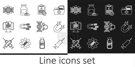 Illustration for Set line Syringe, Magnet with lightning, Clipboard blood test, money, Clinical record monitor, Genetic engineering,  and Medicine bottle and pills icon. Vector - Royalty Free Image