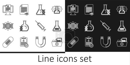 Set line Health record folder, DNA research, search, Genetic engineering, Clinical on monitor, Syringe and Paper page with eye icon. Vector