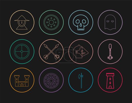 Set line Castle tower, Torch flame, Skull, Medieval crossed arrows, Round wooden shield, iron helmet,  and  icon. Vector