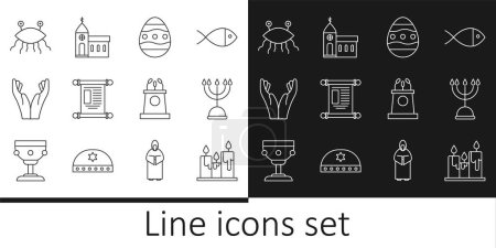 Set line Burning candles, Hanukkah menorah, Easter egg, Decree, paper, parchment, scroll, Hands praying position, Pastafarianism, Stage stand tribune and Church building icon. Vector