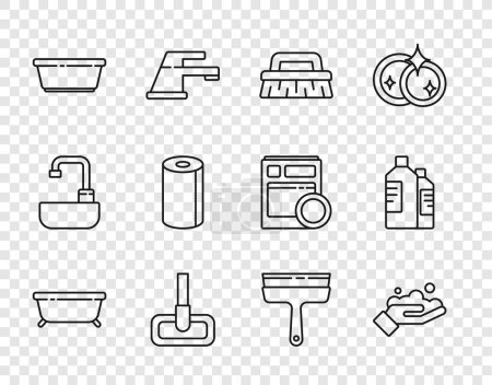 Illustration for Set line Bathtub, Washing hands with soap, Brush for cleaning, Mop, Plastic basin, Paper towel roll, Rubber cleaner windows and Bottles agent icon. Vector - Royalty Free Image