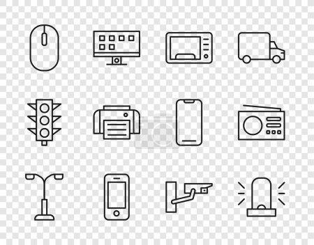Set line Street light, Flasher siren, Microwave oven, Smartphone, Computer mouse, Printer, Security camera and Radio icon. Vector
