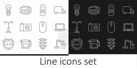 Set line Robotic robot arm hand factory, Laptop, Remote control, Photo camera, Street light, Light bulb, Computer mouse and Printer icon. Vector