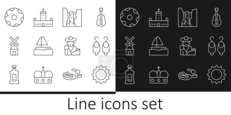 Set line Sun, Earrings, Algar waterfall, Yacht sailboat, Windmill, Football ball, Bullfight, matador and Montjuic castle icon. Vector