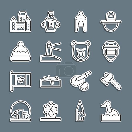 Set line Flying duck, Wooden axe, Hockey helmet, Winter hat, Lighthouse, Beanie, Chateau Frontenac hotel and Bear head icon. Vector