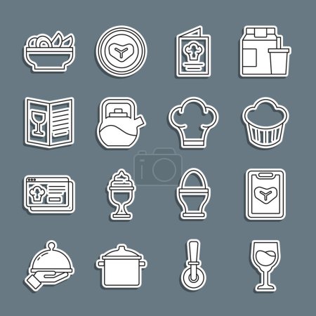 Set line Wine glass, Restaurant cafe menu, Cupcake, Cookbook, Kettle with handle, Nachos plate and Chef hat icon. Vector