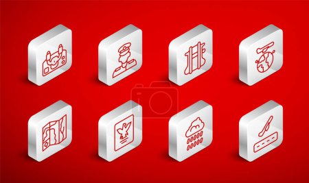 Set line Plane takeoff, Pilot, Parachute, Globe with flying plane, Cloud rain, Aircraft steering helm, Passport and World travel map icon. Vector