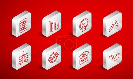 Set line No pipe smoking, Smoking cigarette, Stop money saving, Broken, Hypnosis, Nicotine gum blister pack,  and Disease lungs icon. Vector