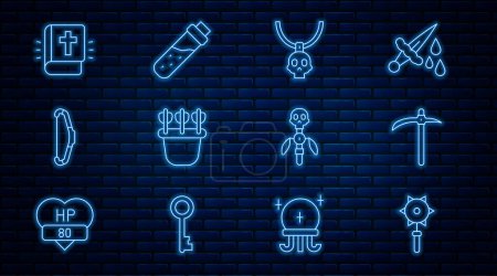 Set line Medieval chained mace ball, Pickaxe, Necklace amulet, Quiver with arrows, bow, Holy bible book, Magic staff and Bottle potion icon. Vector