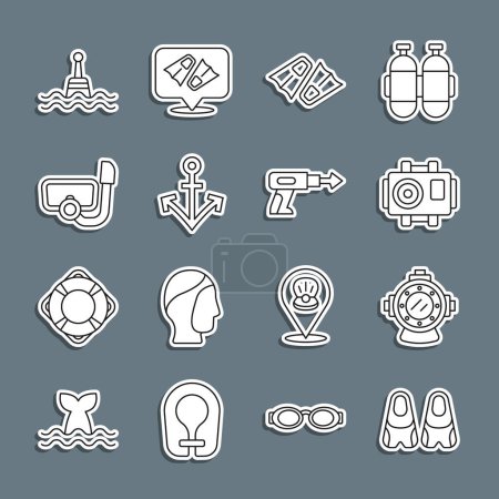 Set line Flippers for swimming, Aqualung, Photo camera diver, Anchor, Diving mask with snorkel, Floating buoy and Fishing harpoon icon. Vector