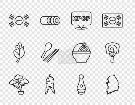 Establecer línea Bonsai árbol, mapa de Corea del Sur, K-pop, raíz de ginseng, bandera, palillos de alimentos, botella de Soju y coreano icono del ventilador de mano. Vector
