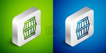Isometric line Gun powder barrel icon isolated on green and blue background. TNT dynamite wooden old barrel. Silver square button. Vector