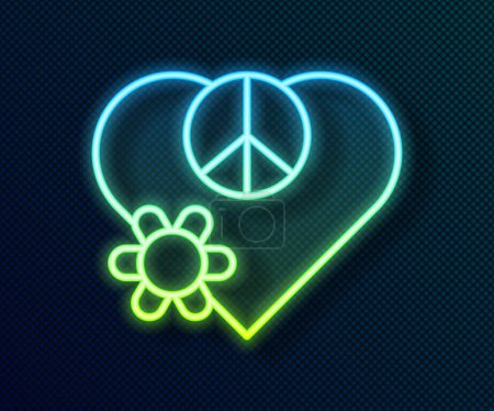 Leuchtende Leuchtschrift Love Peace Ikone isoliert auf schwarzem Hintergrund. Hippie-Symbol für den Frieden. Vektor