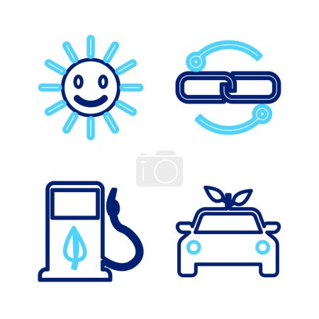 Set line Eco car concept drive, Bio fuel with tanking düse, Chain link line und Cute sun smile icon. Vektor