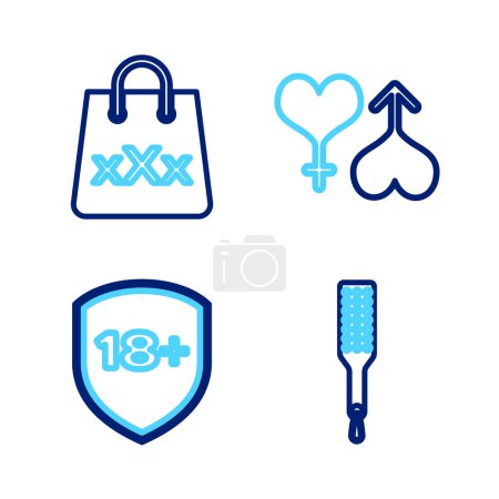 Set line Spanking paddle, Shield with 18 plus, Male and female heart and Shopping bag triple X icon. Vector