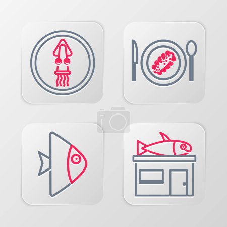 Set line Tienda de mariscos, pescado, pepino servido en plato e icono de pulpo. Vector
