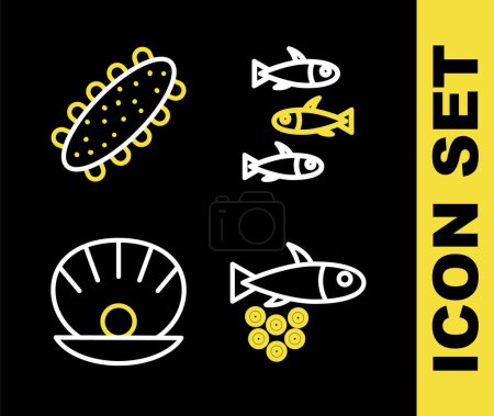 Set line Fishes, with caviar, Shell pearl and Sea cucumber icon. Vector