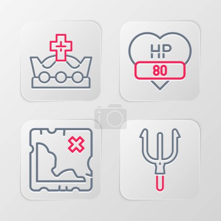 Set line Neptune Trident, Pirate treasure map, Video game bar and King crown icon. Vector