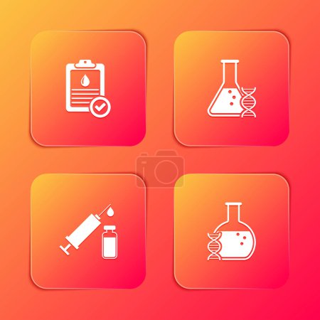 Illustration for Set Clipboard with blood test, DNA research, search, Medical syringe and vial and  icon. Vector. - Royalty Free Image
