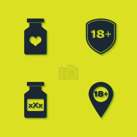 Set Bottle with pills for potency, Location 18 plus,  and Shield icon. Vector.