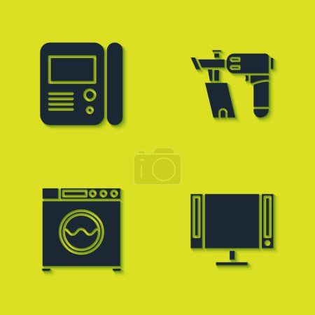 Sistema de intercomunicación Set House, Smart Tv, Lavadora y el icono de la pistola de clavos. Vector.