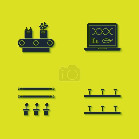 Illustration for Set Conveyor belt with box, Automatic irrigation sprinklers, Smart farm bulb and plant and Genetic engineering modification icon. Vector. - Royalty Free Image