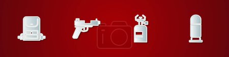 Set Hiking backpack, Pistol or gun, Camping gas stove and Bullet icon. Vector.