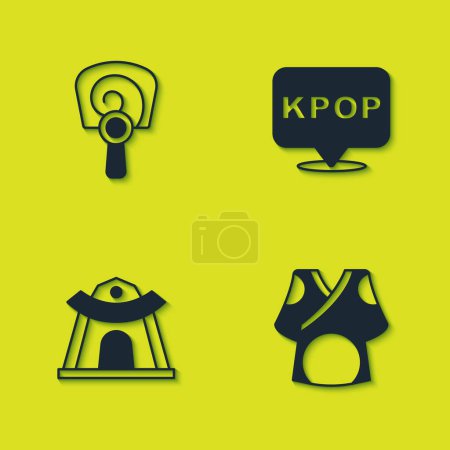 Set ventilateur à main coréen, Kimono, temple et icône K-pop. Vecteur