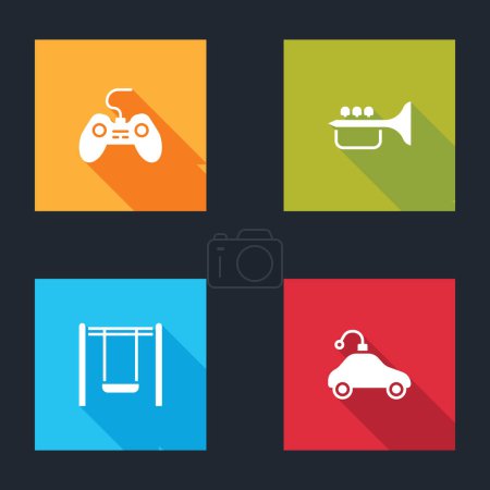 Set Gamepad, Trumpet, Swing and Radio controlled car toy icon. Vector