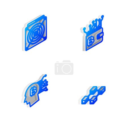 Set Isometric line Cryptocurrency wallet, ASIC Miner, Bitcoin think and Blockchain technology icon. Vector.
