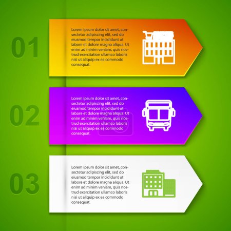 Set line Supermarket building, Bus, Hotel and Folding ruler. Business infographic template. Vector.