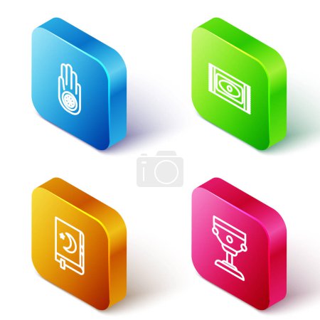 Set Isometric line Jainism or Jain Dharma, Traditional carpet, Holy book of Koran and Christian chalice icon. Vector.
