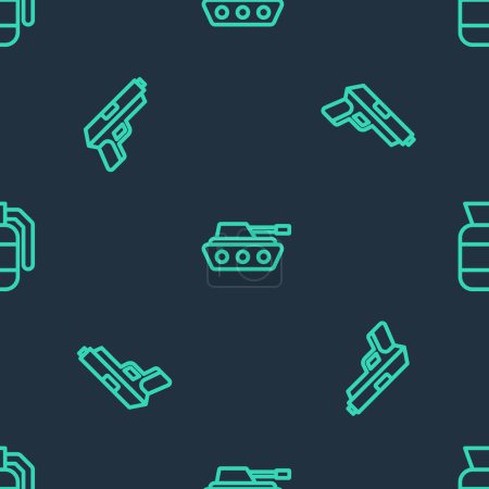 Set line Military tank, Pistol or gun and Hand grenade on seamless pattern. Vector