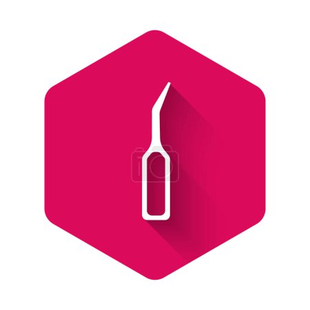 White Dental explorer scaler for teeth icon isolated with long shadow. Pink hexagon button. Vector.