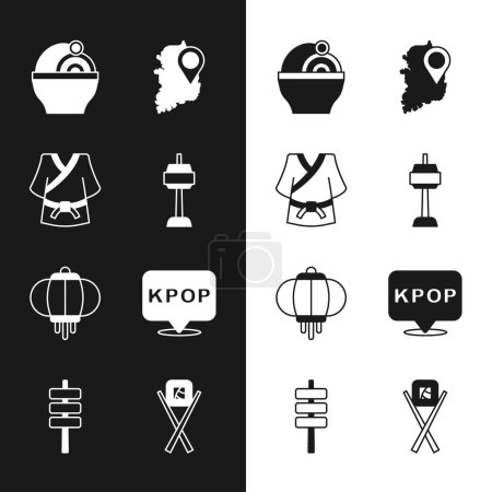 Set N Seoul tower in South Korea, Kimono, Ramen, map, Korean lantern, K-pop, Sushi with chopsticks and food tokpokki icon. Vector