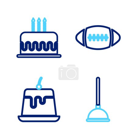 Set Gummikolben, Puddingpudding, American Football Ball und Kuchen mit brennenden Kerzen. Vektor
