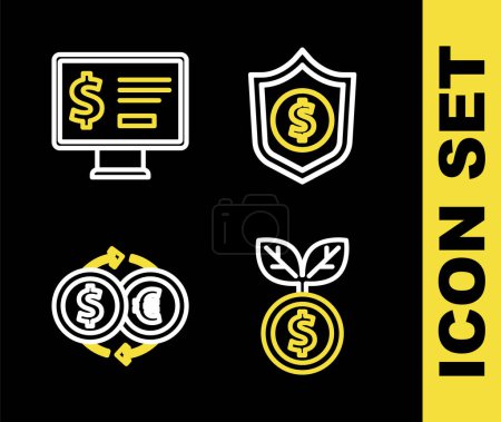 Set line Shield with dollar, Dollar plant, Money exchange and Monitor icon. Vector