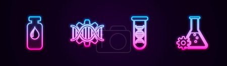 Set line Vial médico, ampolla, ingeniería genética, investigación del ADN, búsqueda y bioingeniería. Icono de neón brillante. Vector.
