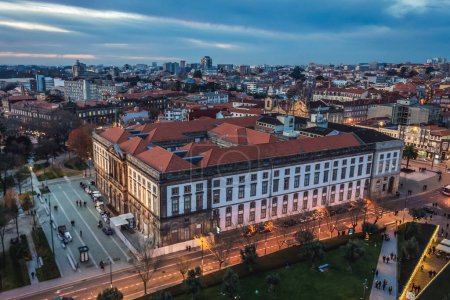 University of Porto building seen from bell tower of Clerigos Church in Porto, Portugal