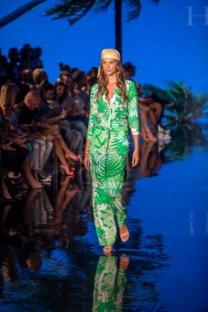 Photo for A model walks the runway for Hale Bob Fashion Show during Art, Hearts, Fashion Swim Week at the Faena Forum in Miami Beach on 7- 11- 2021 - Royalty Free Image