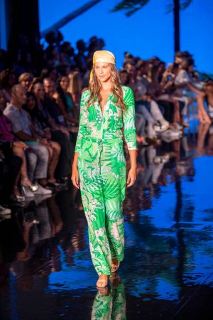 Photo for A model walks the runway for Hale Bob Fashion Show during Art, Hearts, Fashion Swim Week at the Faena Forum in Miami Beach on 7- 11- 2021 - Royalty Free Image