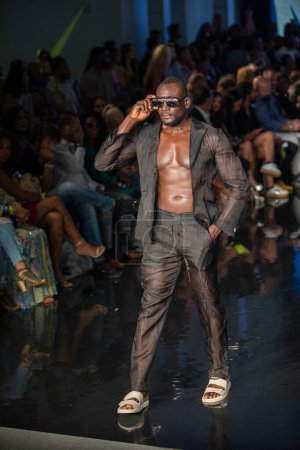 Photo for A model walks the runway for the House of Skye Sexy Black Bra Fashion Show during Art, Hearts, Fashion Swim Week at the Faena Forum in Miami Beach on 7- 11- 2021 - Royalty Free Image
