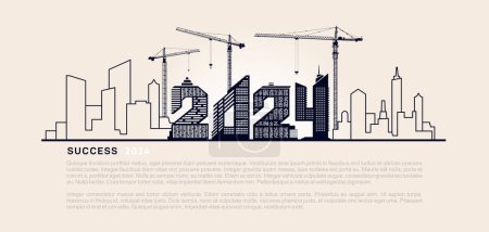 Silhouette of Success on construction site with crane for preparation business concepts. Success under constructions. Business in the New Year 2024. Construction worker with crane. Vector illustration